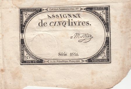 France 5 Livres - 10 Brumaire An II (31.10.1793) - Sign. Mortier - Série 8662