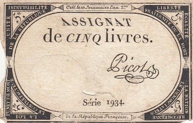 France 5 Livres - 10 Brumaire An II (31.10.1793) - Sign. Picot - Série 1934