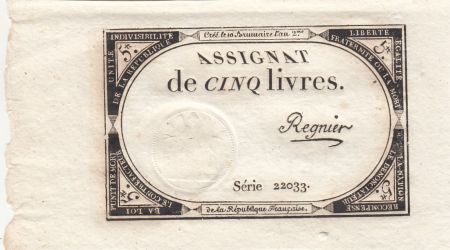 France 5 Livres - 10 Brumaire An II (31.10.1793) - Sign. Regnier - Série 22033