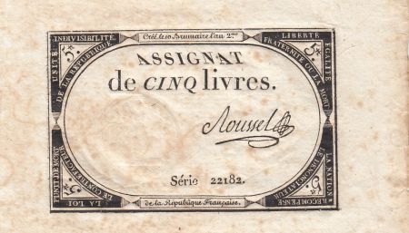 France 5 Livres - 10 Brumaire An II (31.10.1793) - Sign. Roussel - Série 22182