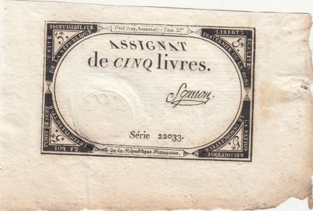 France 5 Livres - 10 Brumaire An II (31.10.1793) - Sign. Symon - Série 22033