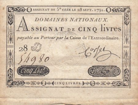 France 5 Livres - 28 Septembre 1791 - Sign. Corsel - Série 28D