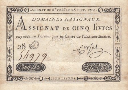 France 5 Livres - 28 Septembre 1791 - Sign. Corsel - Série 28D