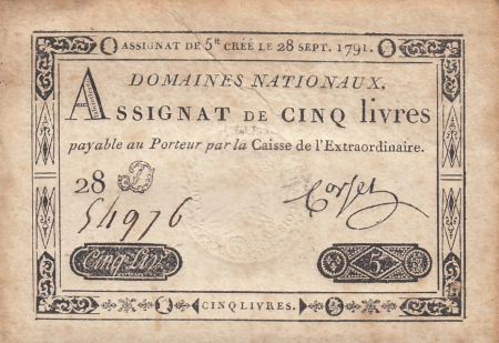 France 5 Livres - 28 Septembre 1791 - Sign. Corsel - Série 28D