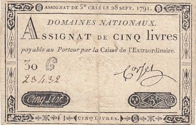 France 5 Livres - 28 Septembre 1791 - Sign. Corsel - Série 30G