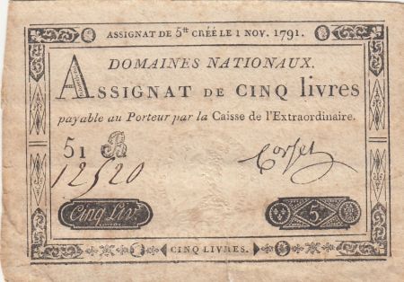 France 5 Livres - Timbre sec portrait de Louis XVI (01-11-1791) - Sign. Corset - Série 51