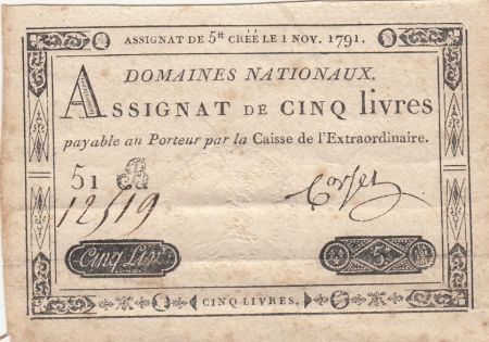 France 5 Livres - Timbre sec portrait de Louis XVI (01-11-1791) - Sign. Corset - Série 51