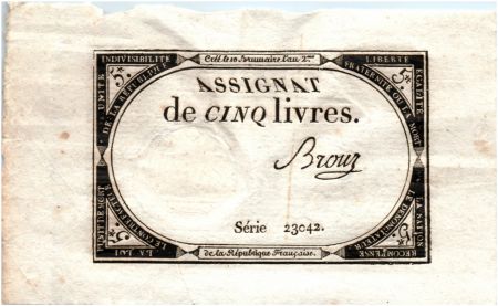 France 5 Livres 10 Brumaire An II (31-10-1793) - Sign. Brouz