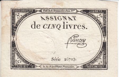 France 5 Livres 10 Brumaire An II (31.10.1793) - Sign. Bancey