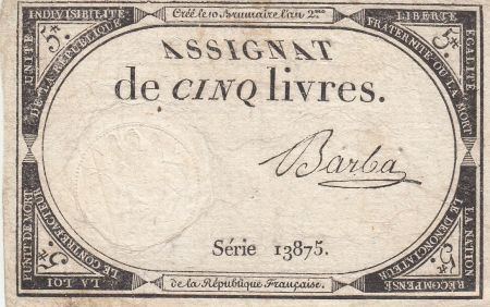 France 5 Livres 10 Brumaire An II (31.10.1793) - Sign. Barba