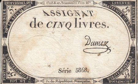 France 5 Livres 10 Brumaire An II (31.10.1793) - Sign. Dumez