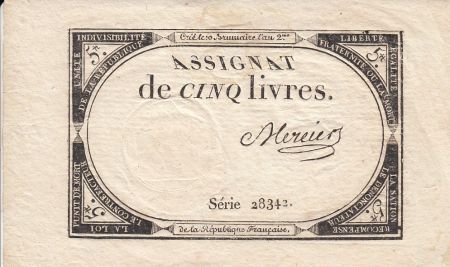 France 5 Livres 10 Brumaire An II (31.10.1793) - Sign. Mercier