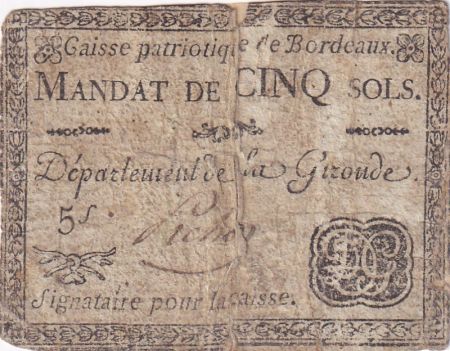 France 5 Sols - Gironde - Caisse Patriotique de Bordeaux - 1791