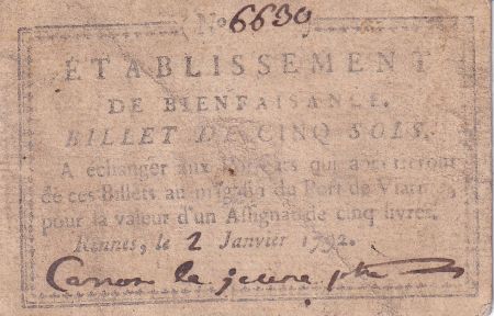 France 5 Sols - Ille et Vilaine - Rennes -  Établissement de Bienfaisance - Janvier 1792