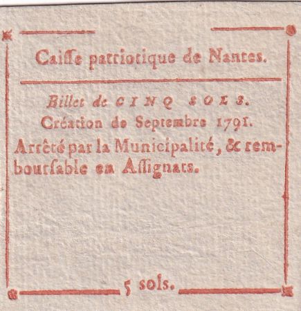 France 5 Sols - Loire Inférieure - Caisse Patriotique de Nantes - Septembre 1791