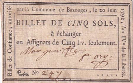 France 5 Sols - Sarthe - Municipalité de Bazouges - 20-06-1792 - Rare