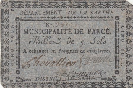 France 5 sols - Sarthe - Municipalité de Parcé - 1792