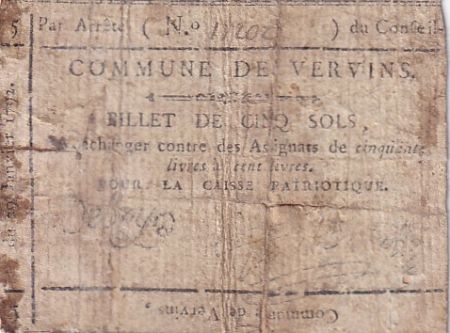 France 5 Sous - Aisne - Vervins - 1792