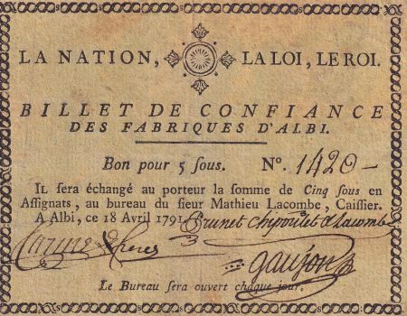 France 5 Sous - Billet de confiance - 1791 - Fabriques d\'Albi n°1420