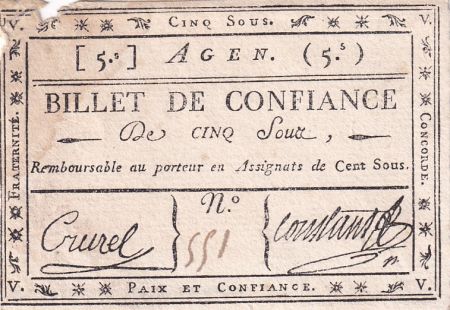 France 5 Sous - Billet de Confiance - Lot et Garonne - Agen - 1792