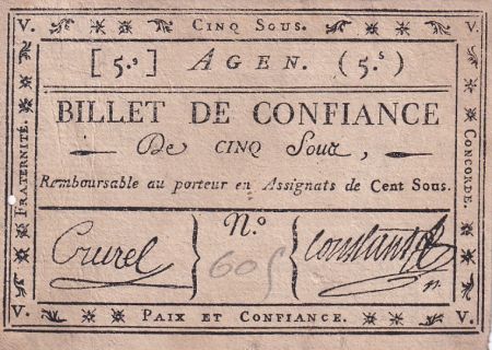 France 5 Sous - Billet de Confiance - Lot et Garonne - Agen - 1792