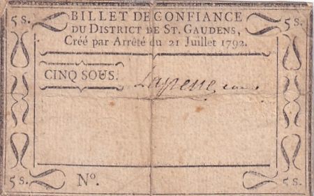 France 5 Sous - Haute-Garonne - Billet de Ville de Saint-Gaudens - 21-07-1792