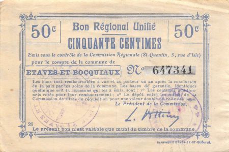 France 50 Centimes - Bon régional unifié de l\'Aisne - Etaves-et-Bocquiaux -  Première Guerre mondiale