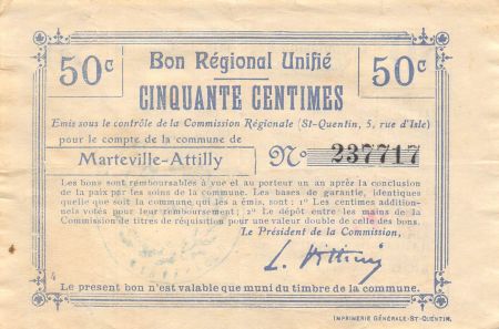 France 50 Centimes - Bon régional unifié de l\'Aisne - Marteville-Attily -  Première Guerre mondiale