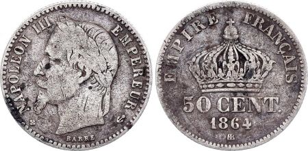 France 50 Centimes Francs Napoléon III 1864 BB Strasbourg - Argent