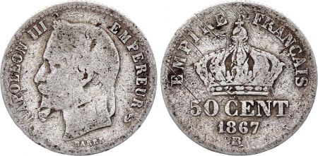 France 50 Centimes Napoleon III - 1867 BB Strasbourg - Argent