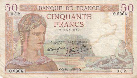 France 50 Francs Cérès - 05-01-1939- Série O.9304