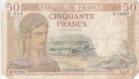 France 50 Francs Cérès - 29-02-1940 Série B.12867