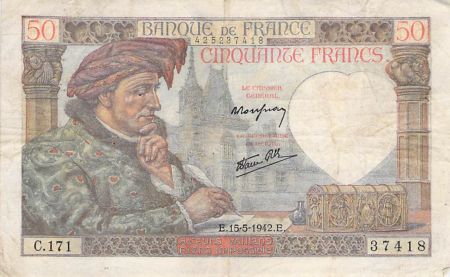 France 50 Francs Jacques Coeur - 15-05-1942 Série T.168 - TB