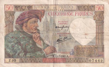 France 50 Francs Jacques Coeur - 17-07-1941 - Série Z.92 - TB+  - F.19.12