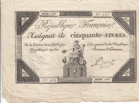 France 50 Livres - France assise - 14-12-1792 - Sign. Baret - Série 5497