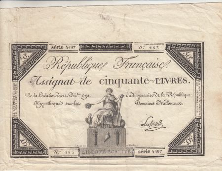 France 50 Livres - France assise - 14-12-1792 - Sign. Lafortelle - Série 5497