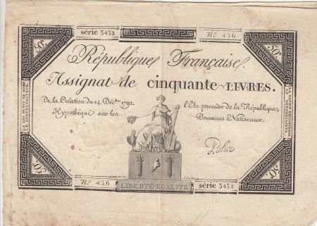 France 50 Livres - France assise - 14-12-1792 - Sign. Police - Série 3432