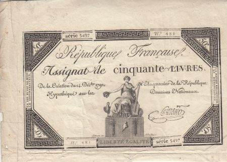 France 50 Livres - France assise - 14-12-1792 - Sign. Pradier - Série 5497