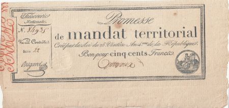 France 500 Francs - Mandat Territorial - Série 22 - Num 84935 - 1796