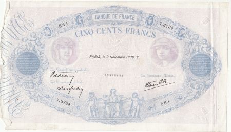 France 500 Francs Rose et Bleu - 02-11-1939 Série V.3734