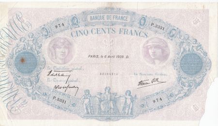 France 500 Francs Rose et Bleu - 06-04-1939 - Série P.3331