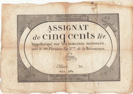 France 500 Livres - 20 Pluviose An II (8.2.1794) - TB+ - Sign. Preux