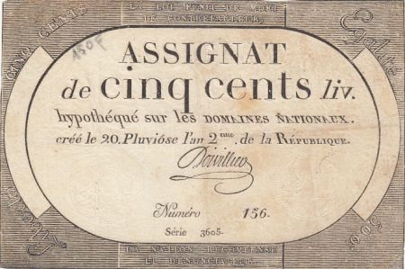 France 500 Livres - 20 Pluviose An II (8.2.1794) - TB - Sign. Doivillier