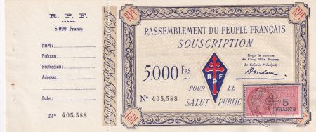 France 5000 Francs - Rassemblement du Peuple Français - Bon Salut Public - 1947 - avec souche