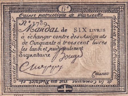 France 6 Livres - Bouches du Rhône - Marseille - Caisse Patriotique - 1792