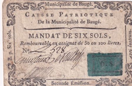 France 6 Sols - Maine et loire - Caisse Patriotique de Baugé - 08-06-1792