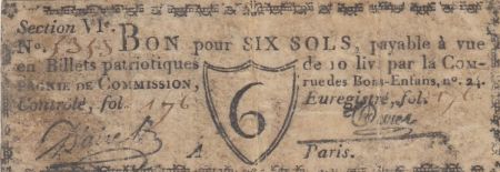 France 6 sols - Seine - Paris - Compagnie de Commission - 1792