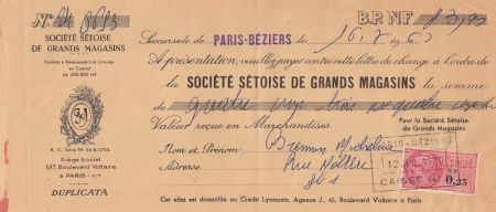 France 83.90 francs - Reçu de chèque de banque - Société Sétoise de grands magasins - 16-07-1960