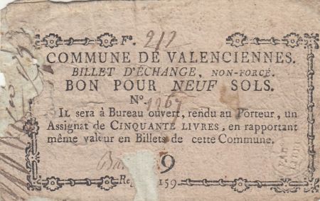 France 9 sols - Nord - Billet d\'échange non forcé - Commune de Valenciennes - ND