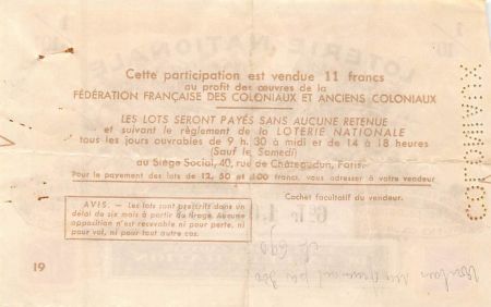 France Billet de Loterie Nationale  Anciens Combattants Coloniaux - 1939